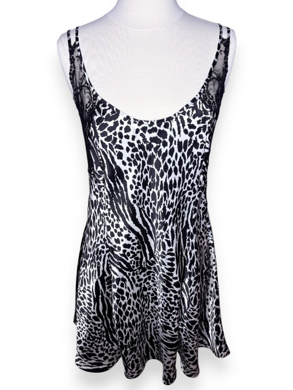 Vintage Victoria's Secret Black White Satin Zebra Animal Print Slip Lingerie L